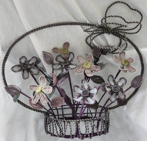 **French Victorian Folk Art Beaded Flower Basket