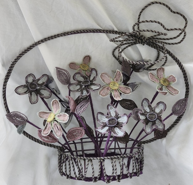 **French Victorian Folk Art Beaded Flower Basket