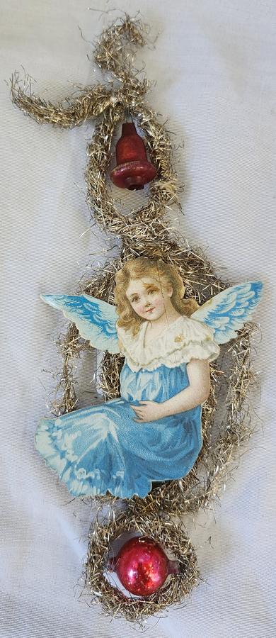 Antique Angel in Blue Scrap Tinsel Xmas Ornament