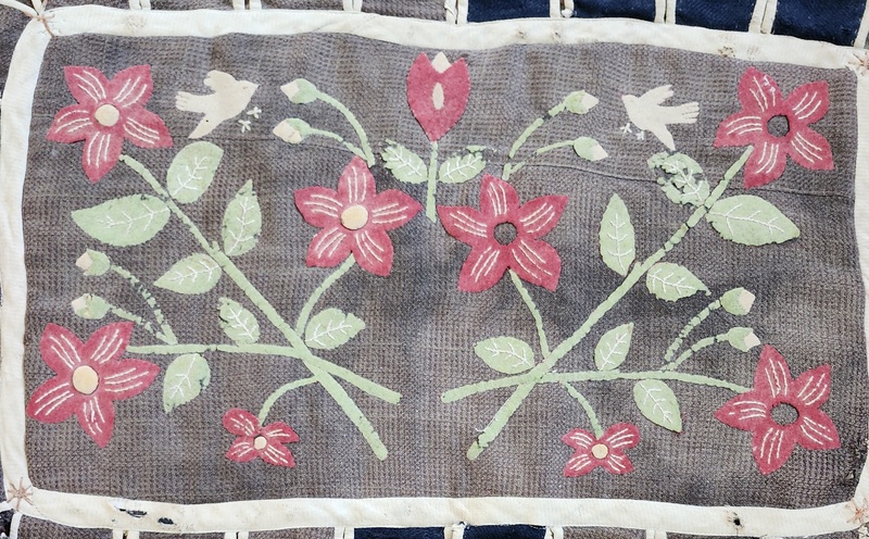 **Antq. Folk Art Cat's Tongue Rug w/Flowers & Bird