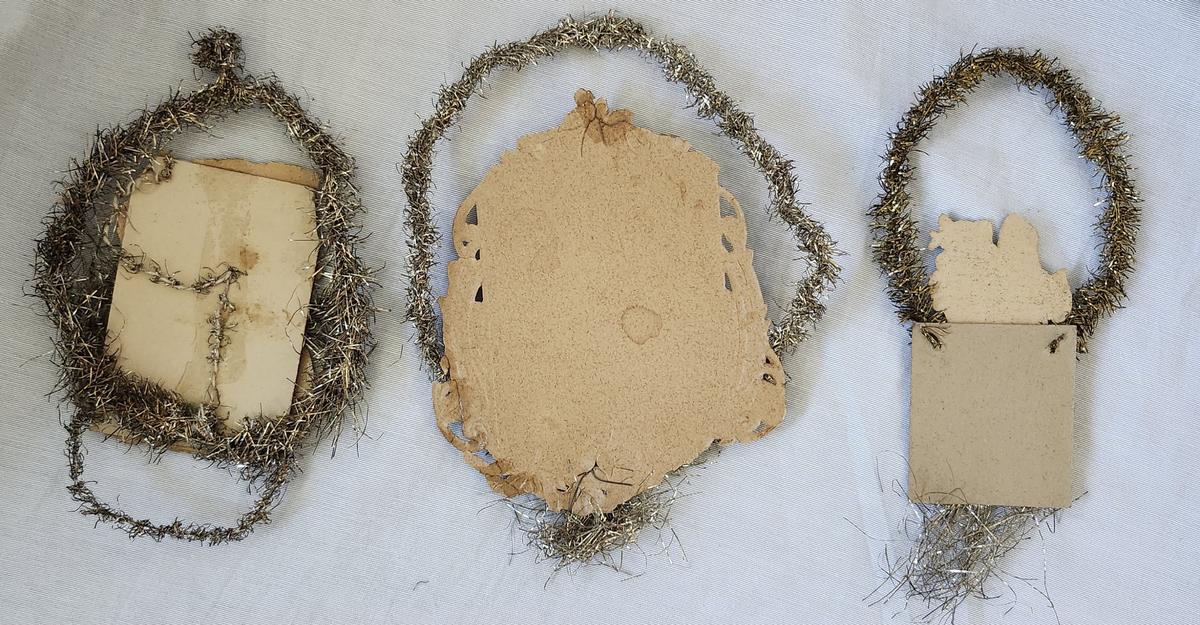 3 Antique Santa Scrap Tinsel Xmas Ornaments