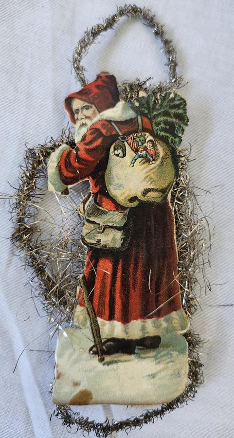 3 Antique Red Santa Scrap Tinsel Xmas Ornaments