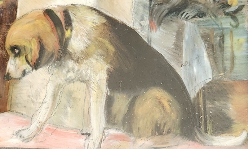 Antique Miniature Reverse Painting of Sad Beagle