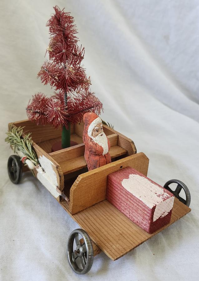 Antique German Santa in Truck w/Red Xmas Tree
