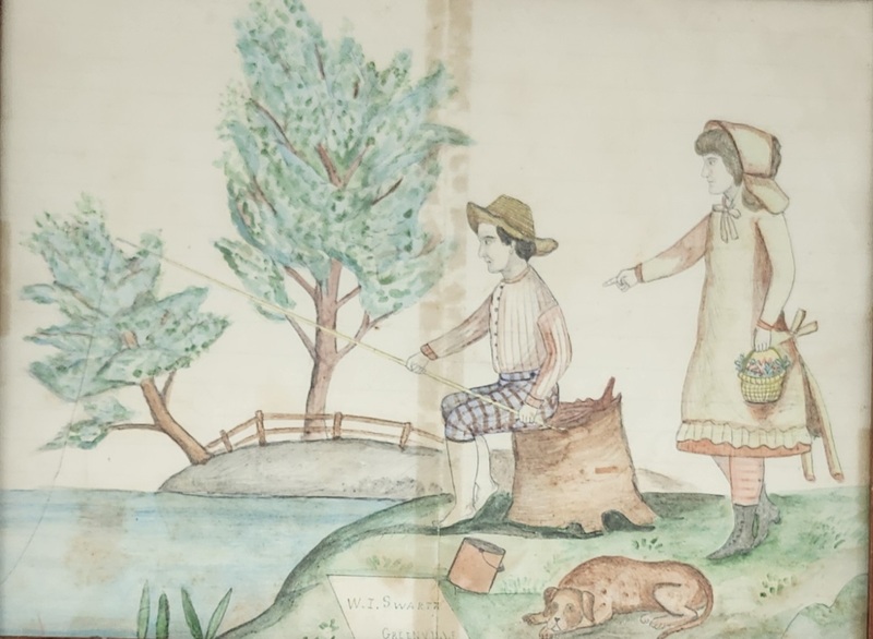 **19th C. Signed Fishing Watercolor w/Provenance