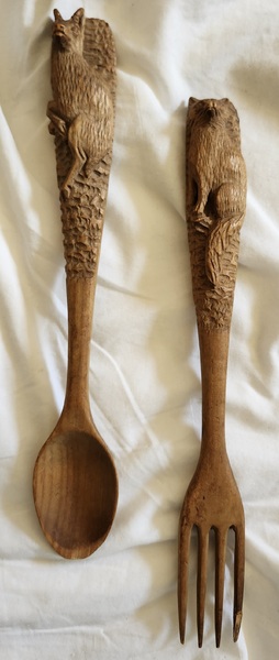 **Antique Black Forest Wolf & Ram Fork & Spoon