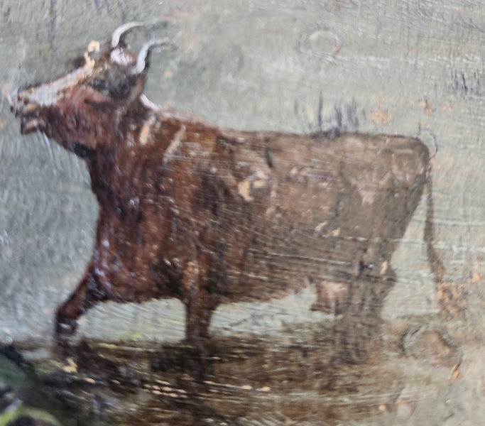 Antq. Painting on Maple Plate w/Scene of Boy & Cow