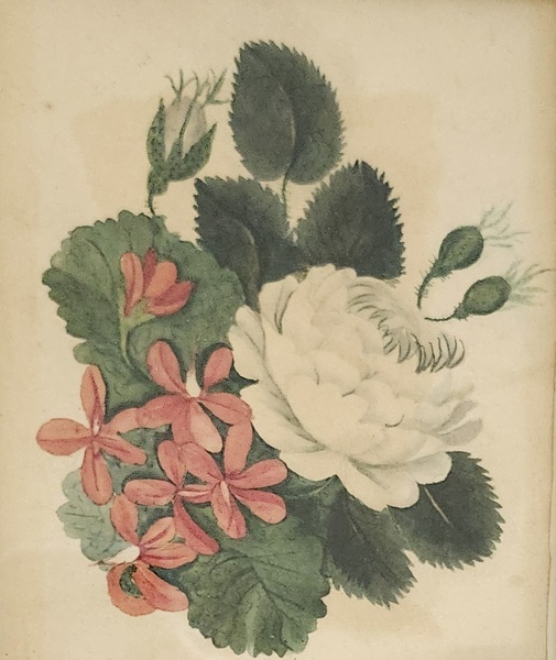 **19th C. Folk Art Floral Watercolor