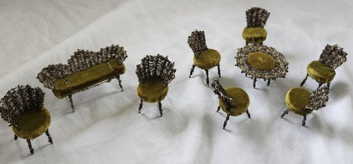 9 Pcs. Antq. Folk Art Wire & Velvet Doll Furniture