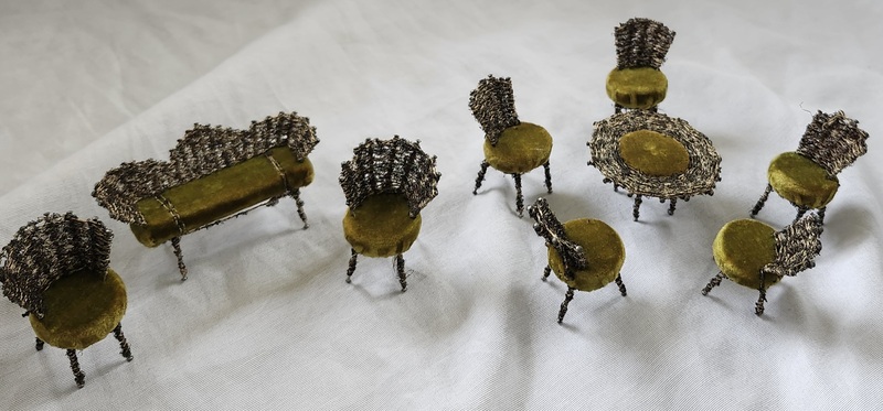 9 Pcs. Antq. Folk Art Wire & Velvet Doll Furniture