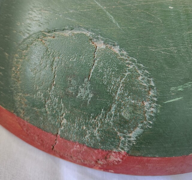 **Antique Dough Bowl in Old Xmas Red & Green Paint