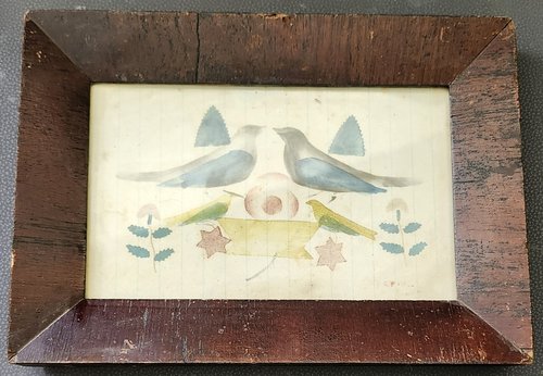 Antique Folk Art Fraktur of Birds, Flowers, Stars