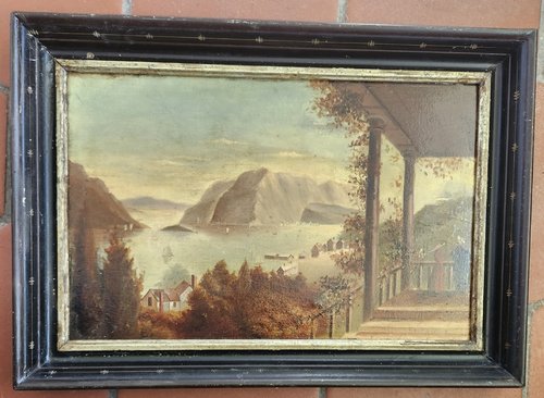 **Antq. Painting of Couple Overlooking Sea Village