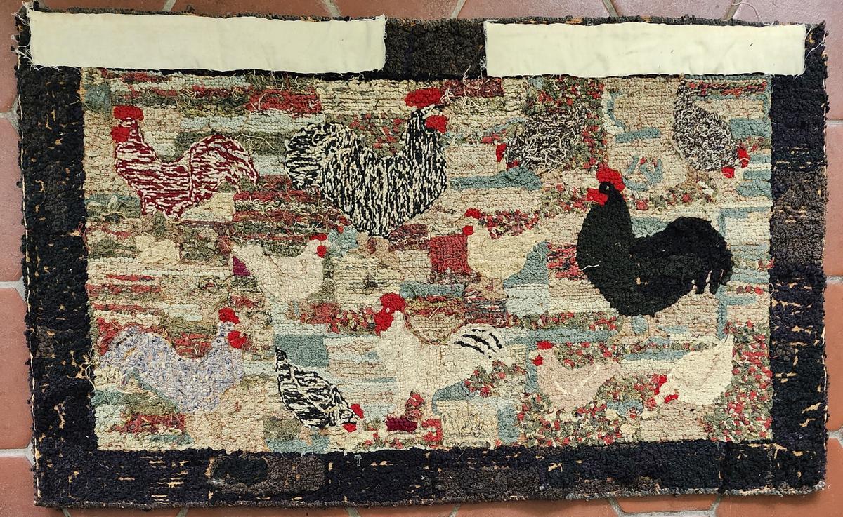 Early 20th C. PA. Folk Art Chickens Hooked Rug