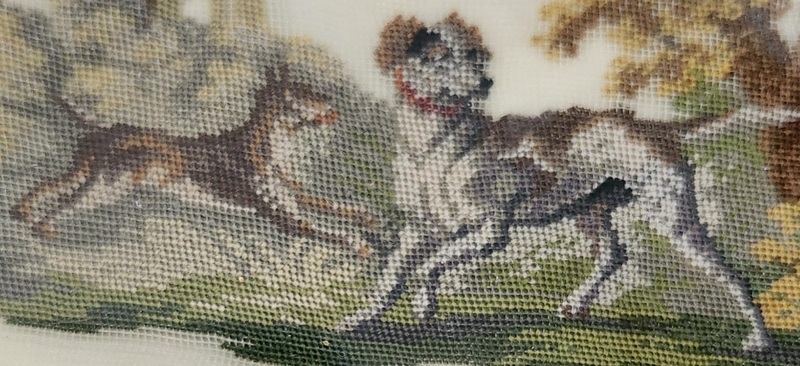 **19th C. Framed French Petit Point of Hunting Dog