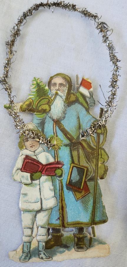 3 Antique Blue Santa Scrap Tinsel Xmas Ornament