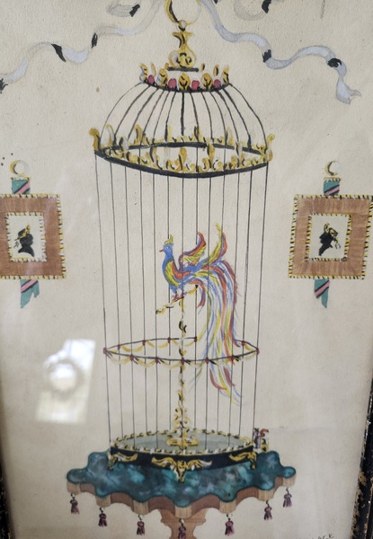 Vintage Folk Art Watercolor of Exotic Bird in Cage