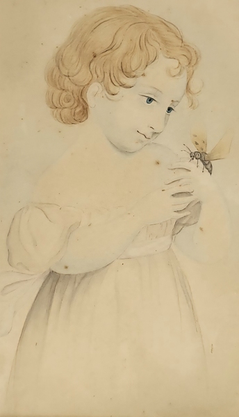 Antique Folk Portrait of Young Girl & Insect