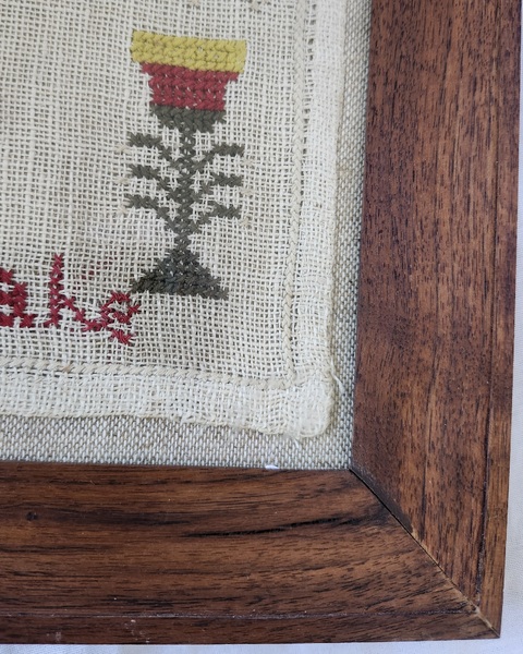 Small 19th C. Folk Art Sampler w/House, Tulips