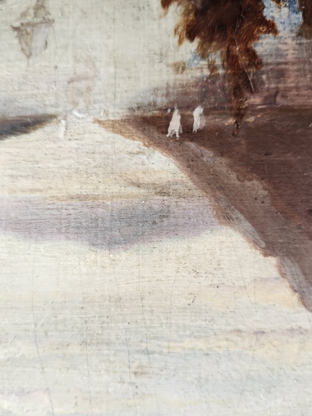 **Antq. Painting of Couple Overlooking Sea Village