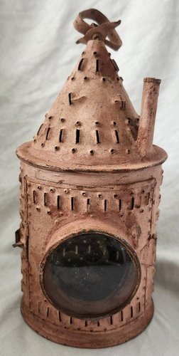 Antq. Painted Pierced Tin Lantern w/Concave Glass