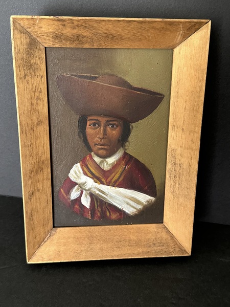 Oil on Board Painting Young Latin Boy W Hat C 1900