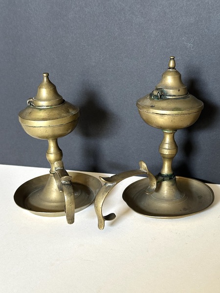Two early 19thC Brass Whale Oil Finger Lamps