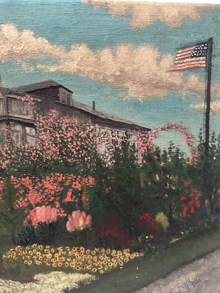 Old Folk Art Flower House Patriotic Oil Painting