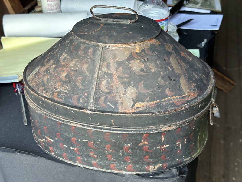 Large Mid 19th C Tin Tole Work Hatbox