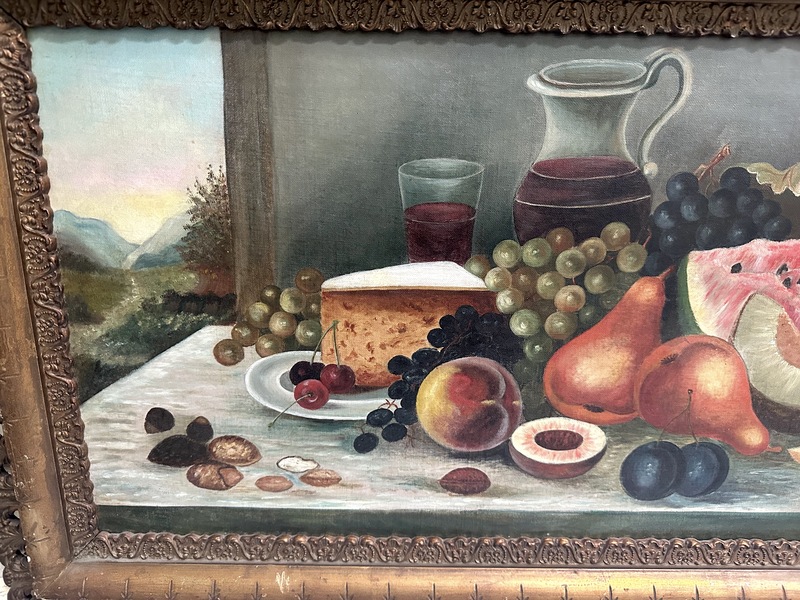 Americana Still Life W Landscape Framed Painting