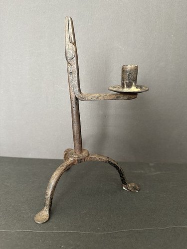Mid 18th C. Tripod Rushlight W Candle from Ohio