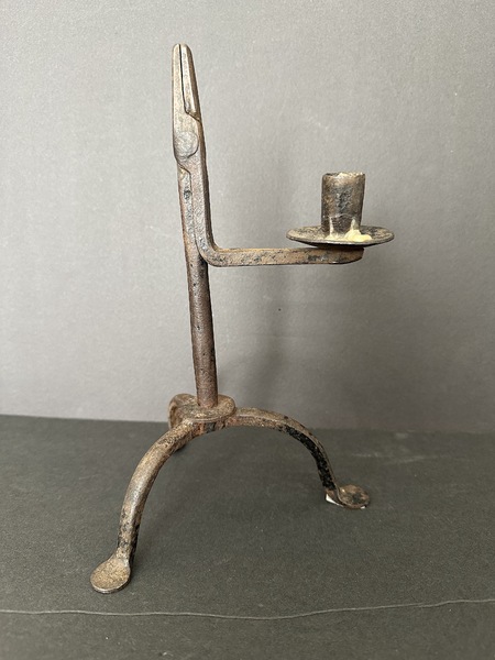 Mid 18th C. Tripod Rushlight W Candle from Ohio