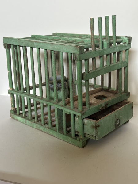 Vintage Old Paint Miners Canary Cage W Water Bowl