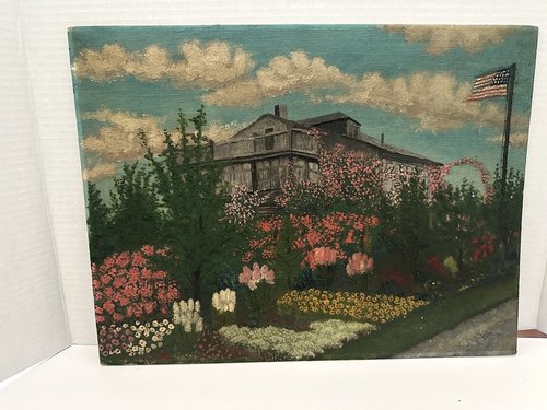 Old Folk Art Flower House Patriotic Oil Painting