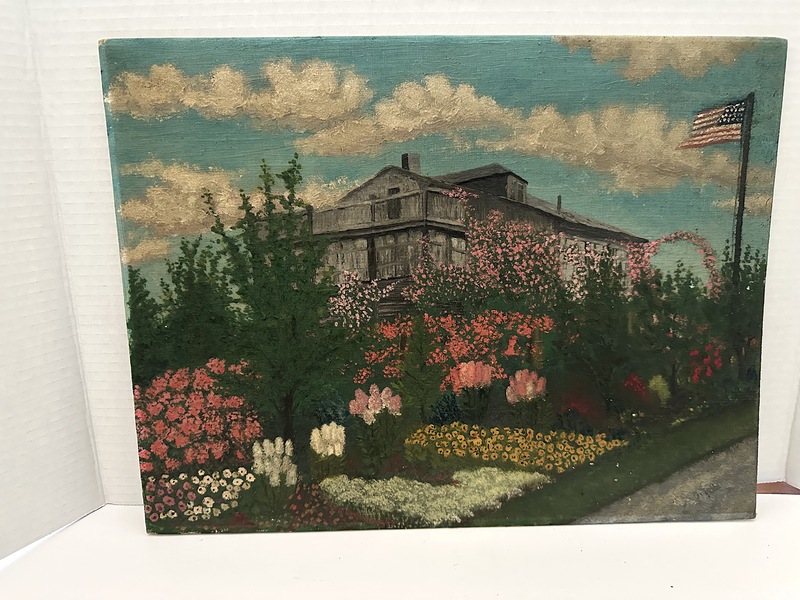 Old Folk Art Flower House Patriotic Oil Painting