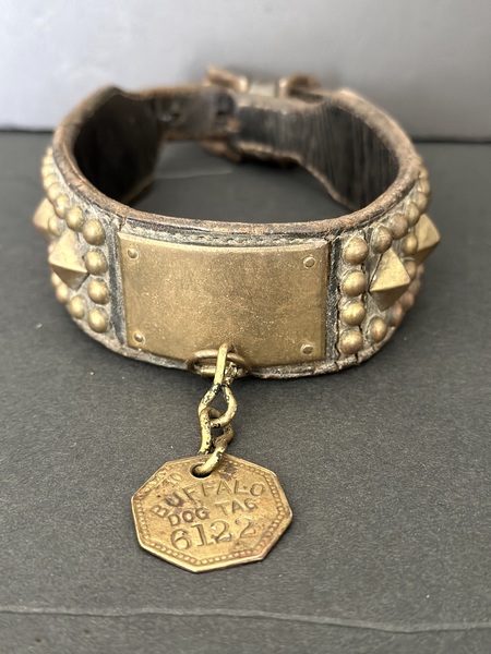 Early Leather W Brass Dog Collar W Buffalo Tag
