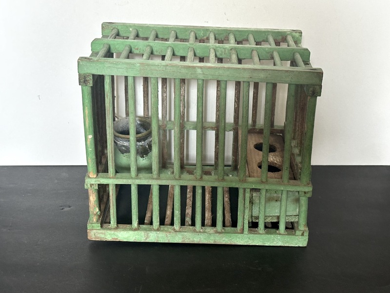 Vintage Old Paint Miners Canary Cage W Water Bowl