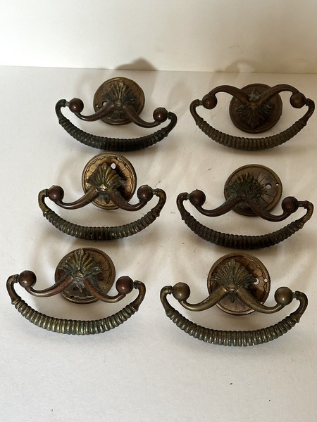 Set of Six Fine Antique Brass Drawer Pulls.