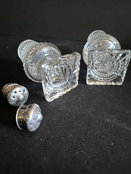 Pair Early Cut Glass Salt Peppers Sterling Caps
