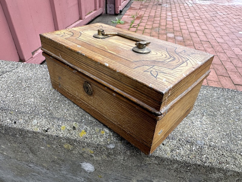 Antique Grain Painted W handle Metal Cash Box