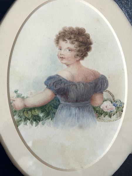 Early Carved Frame of Girl W Flowers WC Painting