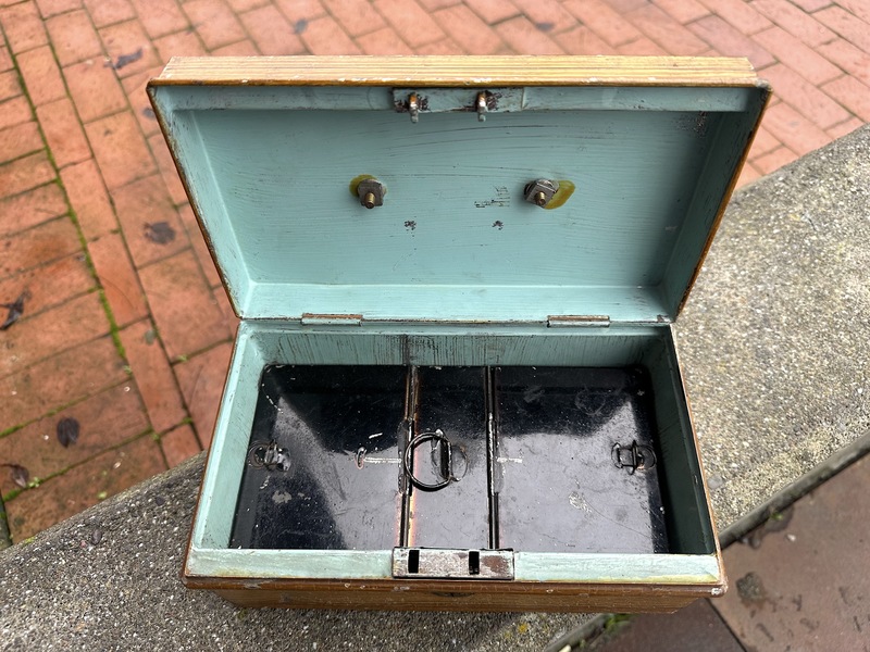 Antique Grain Painted W handle Metal Cash Box