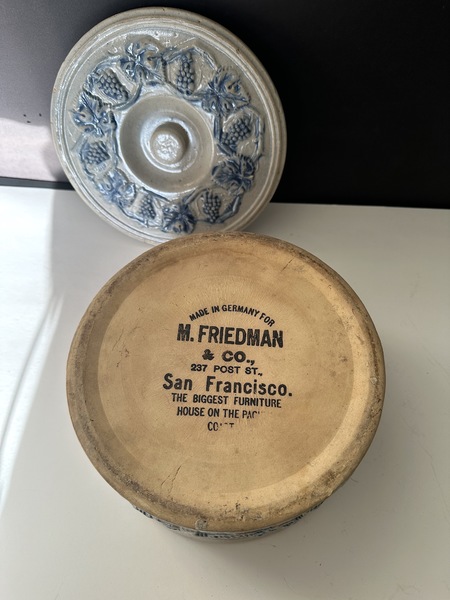 Salt Glaze Advertising Blue & White Butter Crock