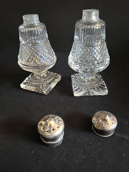 Pair Early Cut Glass Salt Peppers Sterling Caps