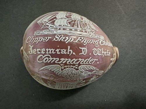 18th C Carved Cowrie Shell Ship Flying Childers