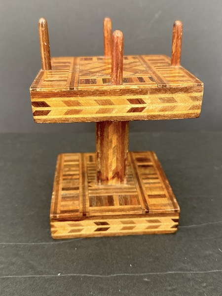 Old Wood Marquetry Sewing Spool Holder