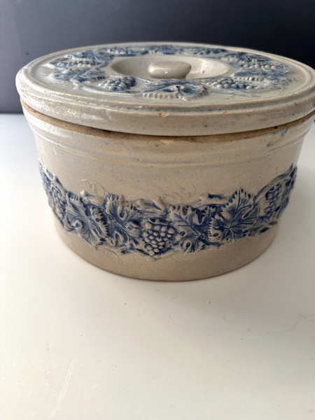 Salt Glaze Advertising Blue & White Butter Crock