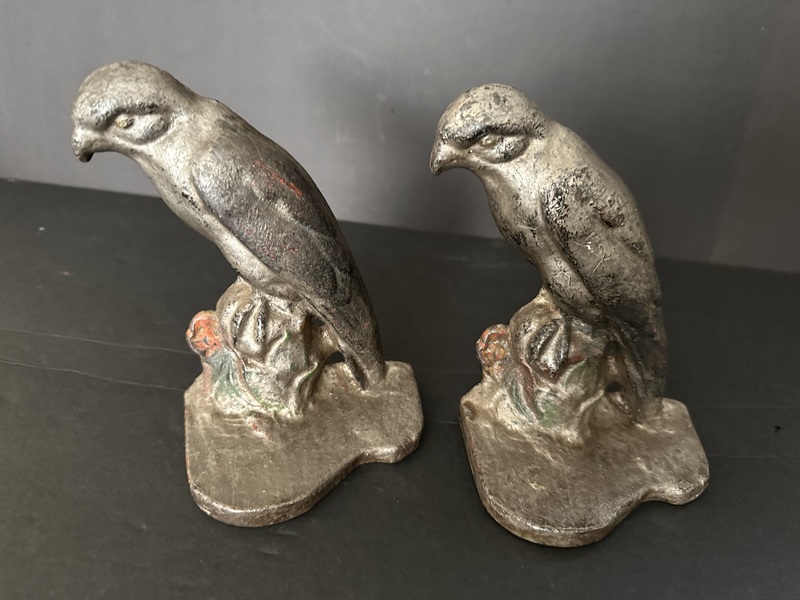 Two Old Cast Iron Painted Hawk Doorstops Bookends