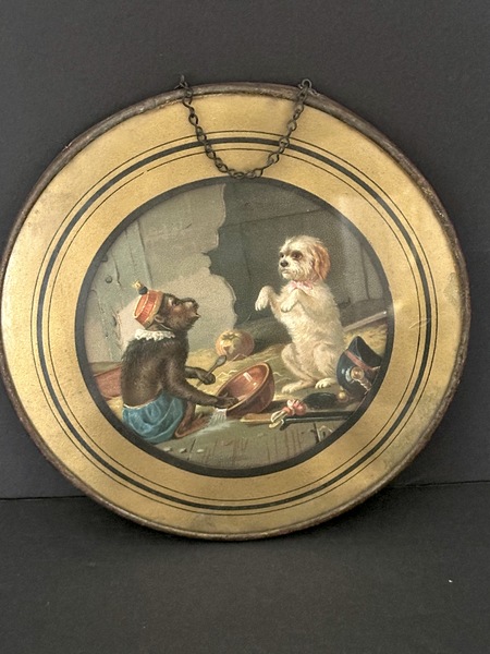 19th C Stove Flu Cover Dog and Monkey Dressing Up