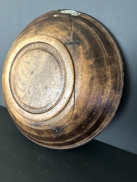 Large Early Turned Treen Charger W Staple Repairs